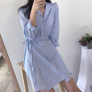 Mock Two-piece Long-sleeve Shirt Dress Stripe - Blue - One Size