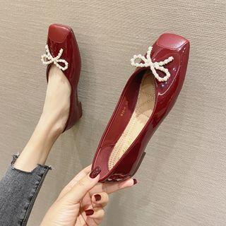 Faux Pearl Bow Patent Flats