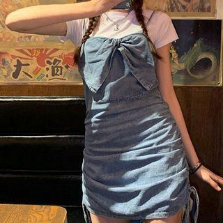 Short-sleeve T-shirt / Mini Sheath Denim Pinafore Dress