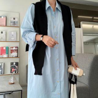 Slit-side Patch-pocket Maxi Shirtdress