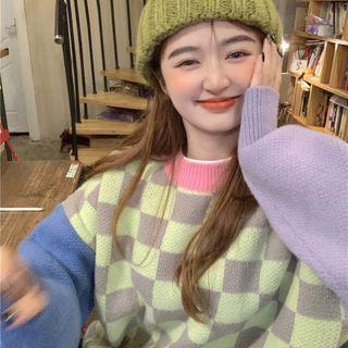 Color Block Checkerboard Sweater Check - Green & Gray - One Size