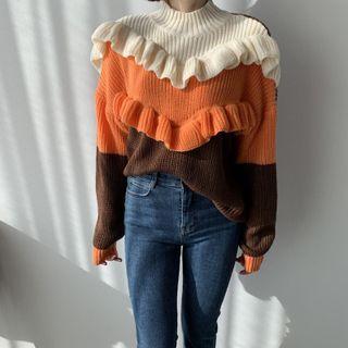 Mock-neck Ruffled Color Block Sweater