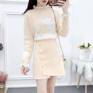 Set: Ruffled Knit Top + Button-front Skirt