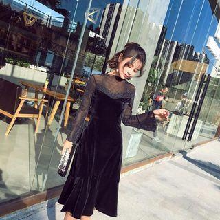 Lace-panel Velour Midi Dress