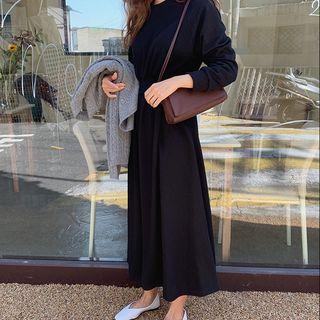 Long-sleeve Plain A-line Long Sweatshirt Dress Black - One Size