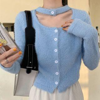 Choker-neck Plain Cropped Cardigan