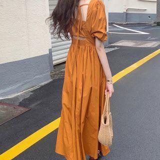 Puff-sleeve Cutout Midi A-line Dress Dark Orange - One Size