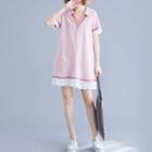 Plain Panel Short-sleeve Shirtdress Pink - L