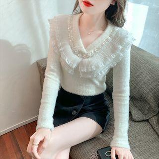 Long-sleeve V-neck Ruffle Trim Knit Top