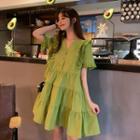 V-neck Ruffle Short-sleeve Dress Green - One Size