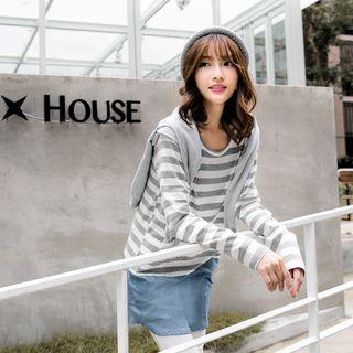 Denim Panel Stripe Long-sleeve Top