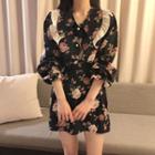 Long-sleeve Floral Blouse / Mini Floral A-line Skirt