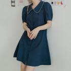 Peter-pan Collar Short-sleeve Midi Dress Navy Blue - One Size