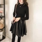 Faux Leather Panel Long Sleeve Knit Dress