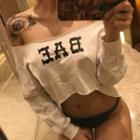 Long-sleeve Off-shoulder Lettering Crop T-shirt