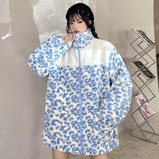 Leopard Panel Fleece Zip Jacket Sky Blue - One Size