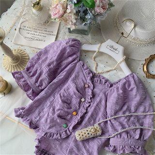 Ruffle Trim Puff-sleeve Asymmetric Hem Blouse