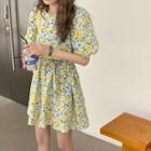 Floral Short-sleeve A-line Dress Floral - Yellow - One Size
