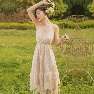 Lace Ruffled Sleeveless Midi Dress