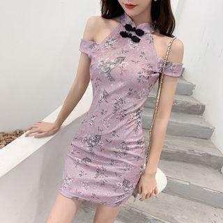 Floral Cold Shoulder Short-sleeve Qipao