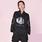 Embroidered Fray Asymmetric Sweatshirt