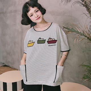 Sail Embroidered Striped Elbow Sleeve T-shirt