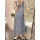Set: Puff-sleeve Lace Top + Floral Print Midi A-line Overall Dress