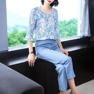 Set: 3/4-sleeve Print Top + Dress Pants
