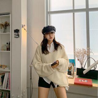 Dip-back Wool Blend Fluffy Sweater