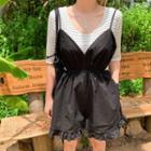 Set: Round-neck Striped T-shirt + Spaghetti-strap Frilled-hem Playsuit