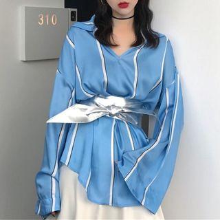 Striped V-neck Long-sleeve Blouse With Belt
