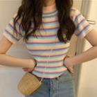 Striped Short-sleeve Knit Top Ice Cream - Pink - One Size