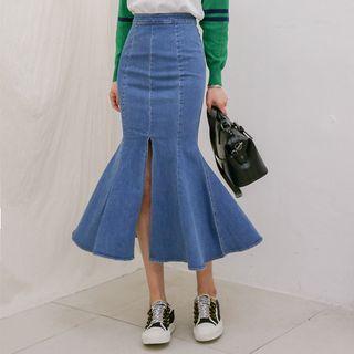 Slit-front Denim Long Mermaid Skirt