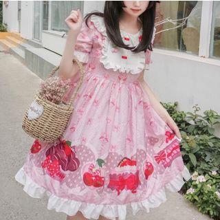Printed Ruffle Trim Short-sleeve A-line Dress