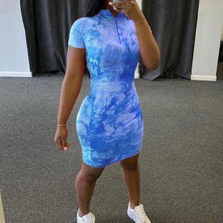 Short-sleeve Dye Print Mini Sheath Dress