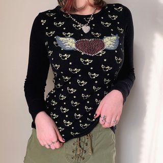 Heart Printed Rhinestone Round Neck Long Sleeve Top
