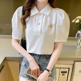 Puff-sleeve Polo-neck Print Top