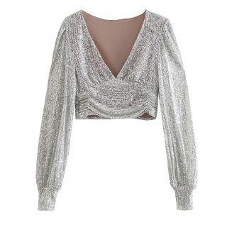 Long-sleeve V-neck Sequined Crop Top