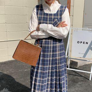 Square Plaid Woolen Pinafore Dress + Ruffled Shirt