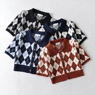 Short-sleeve Argyle Collared Cardigan