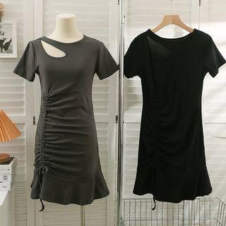 Cutout-shoulder Drawstring-side Mermaid Mini Dress