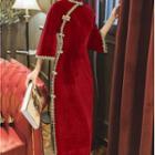 Long-sleeve Velvet Midi Qipao Dress