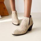 Embroidered Pointy-toe Chunky-heel Ankle Boots