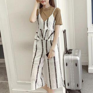 Set Of 3: Short-sleeve T-shirt + Striped Camisole Top + Wide Leg Pants