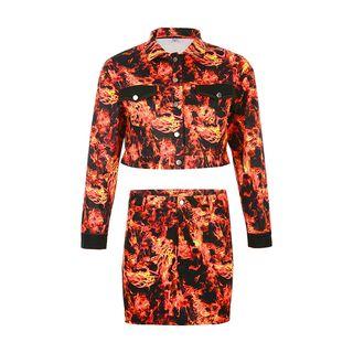 Fire Print Button Jacket / Pencil Skirt