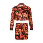 Fire Print Button Jacket / Pencil Skirt