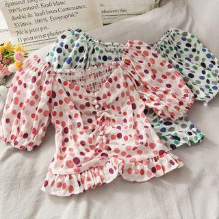 Wide-neck Dotted Ruched Crop Top