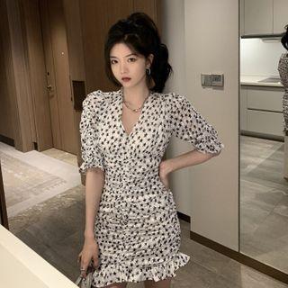 Elbow-sleeve Starry Print Mini Bodycon Dress