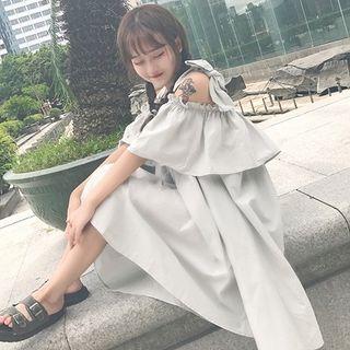 Plain Off-shoulder Ribbon Dress