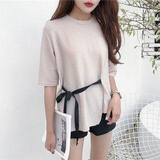 Plain Asymmetric Short-sleeve Loose-fit Top